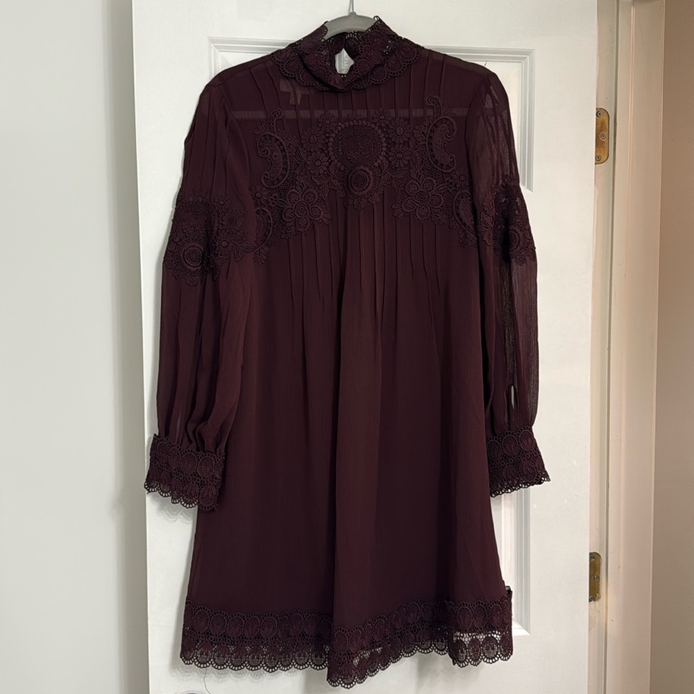 Wine color sheer sleeve knee length dress by Ted Baker